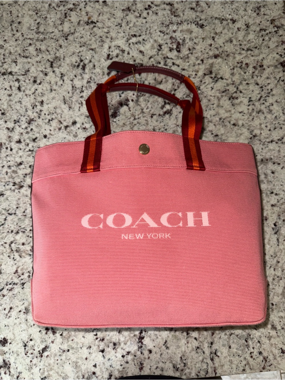 Coach Pink Canvas Tote with Orange-Striped Handles
